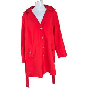 Dennis Basso‎ Regular Water Resistant Trench Coat Hood Tomato Red XL Petite NWOT